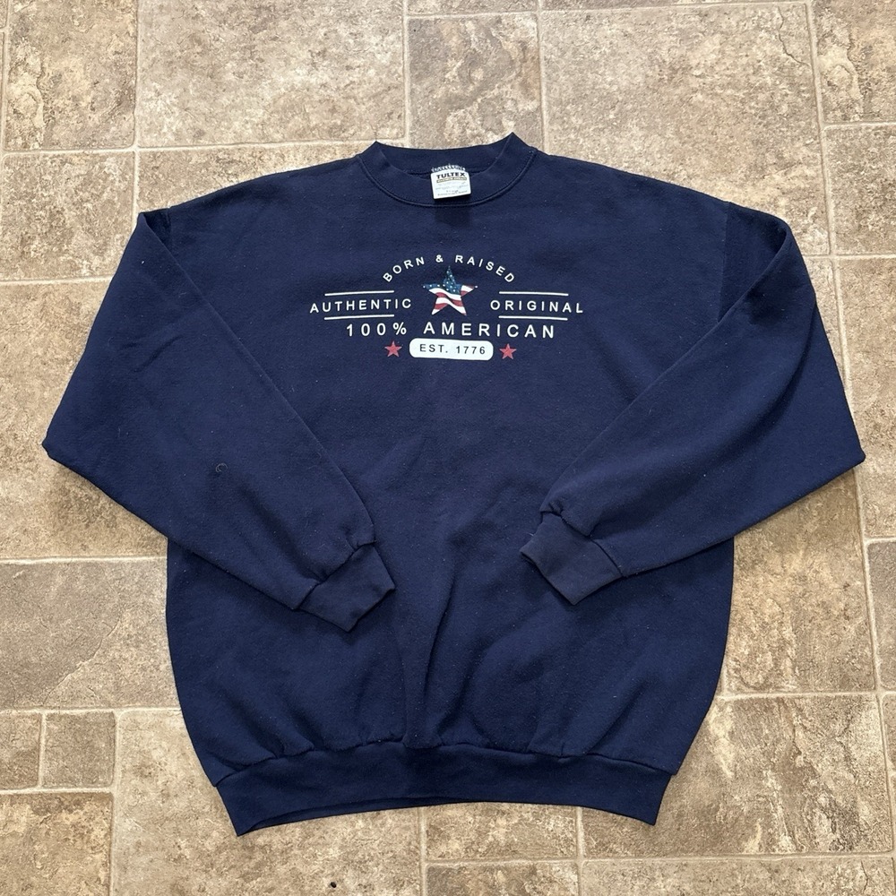Vtg Born & Raised American Crewneck Sweater XL Navy Blue Patriotic USA Flag Star